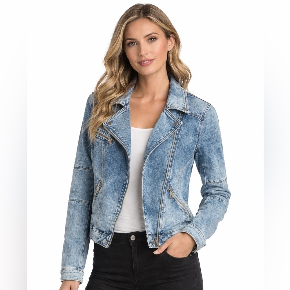 Mavi Acid Wash Denim Moto Jacket Light Blue Biker Zip Small